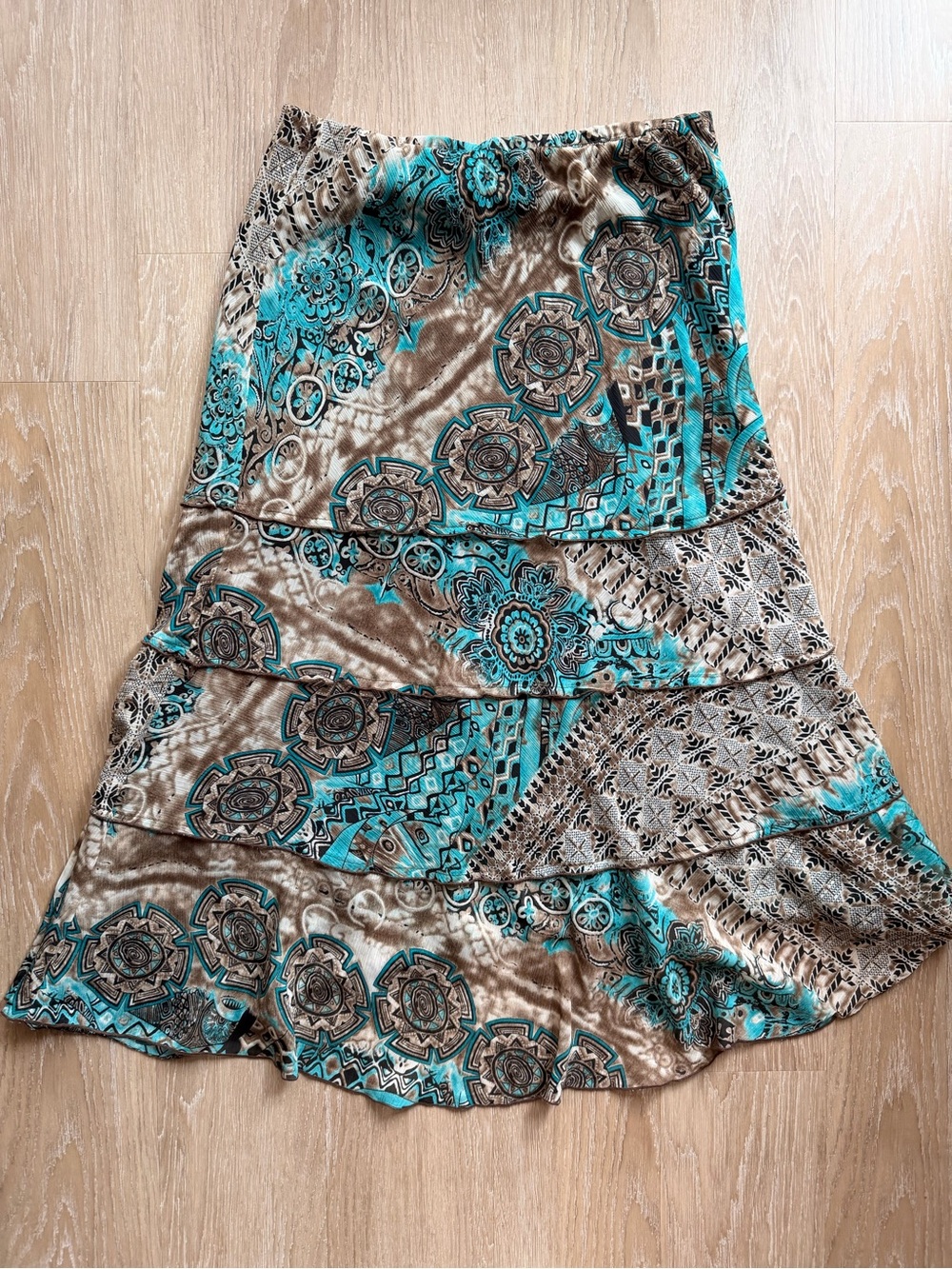 Vintage Dress Barn Teal and Brown Tiered Maxi Skirt